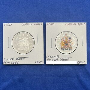 Set of 1 Coloured,1 Non-Coloured 2020 Canada Pure Silver 50¢ Coat-of-Arms Coins!